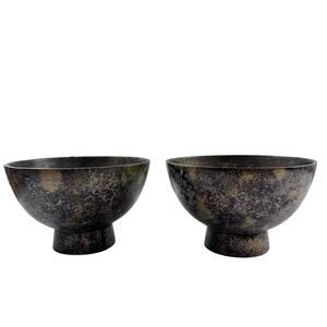 Set of 2 Pedestal Bowls Textured Brass Tone Gray Metal Round Shape Decorative